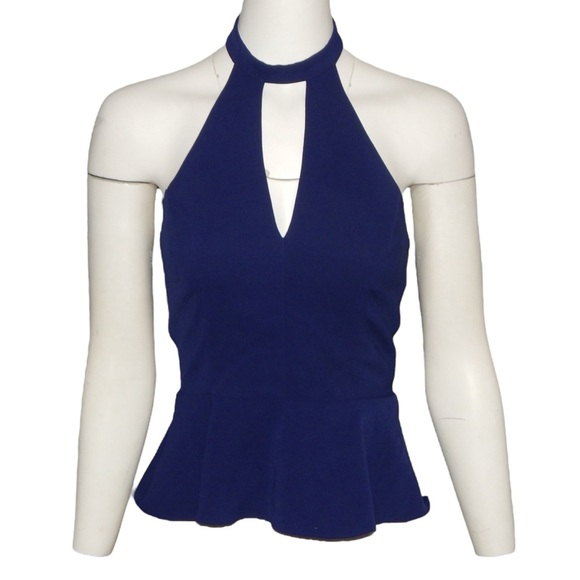 Amanda Uprichard Cecily Peplum Top Halter Sleeveless Navy Blue Size Small - Picture 2 of 5